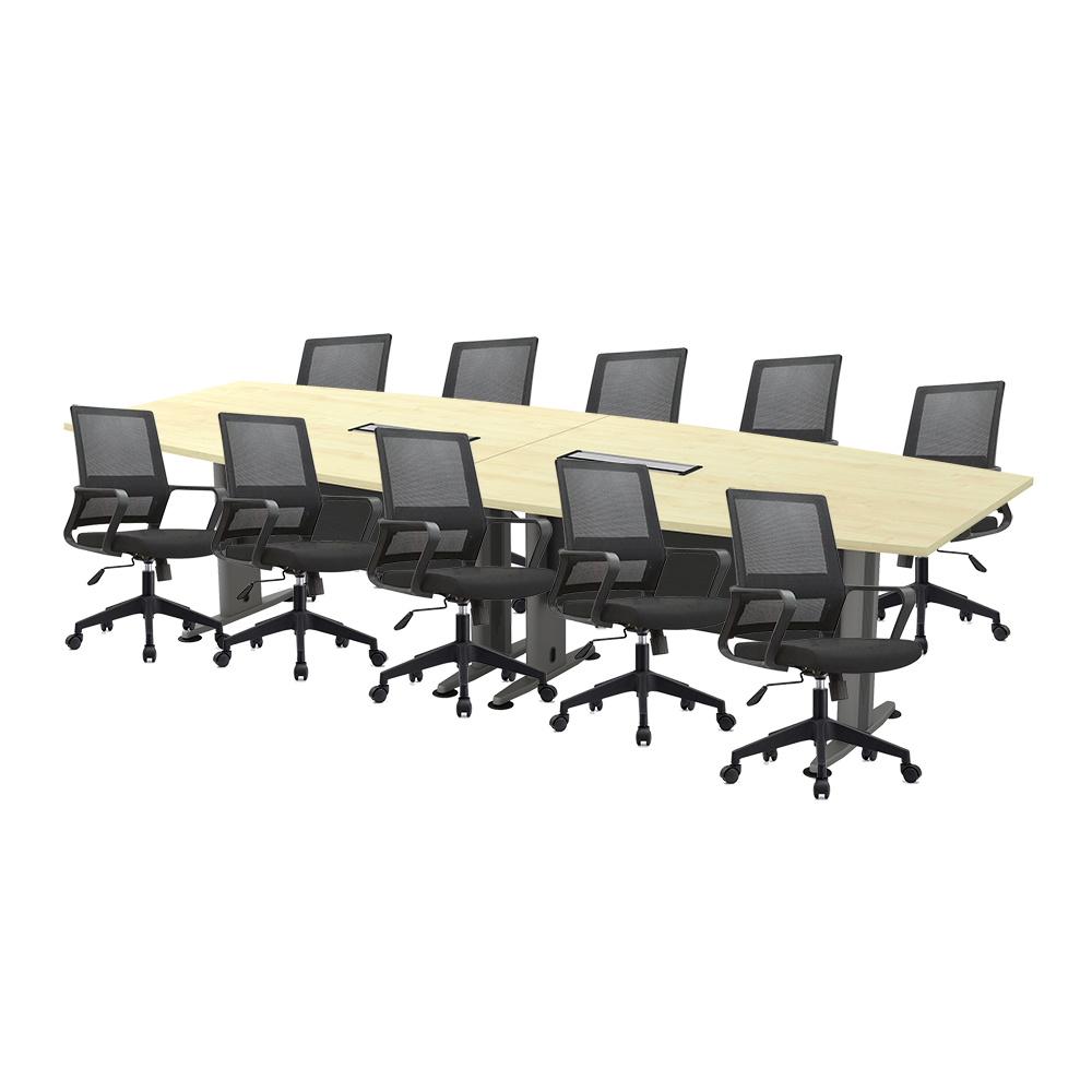 T2 SERIES 10FT METAL J LEG BOAT SHAPE MEETING TABLE WITH ERGONOMIC MEDIUM BACK MESH CHAIR SET