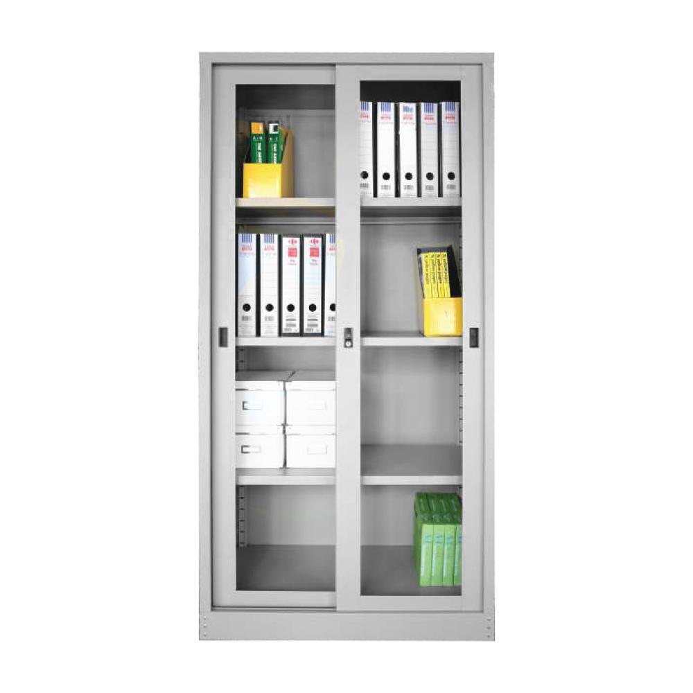 FULL HEIGHT SLIDING GLASS DOOR STEEL CUPBOARD WITH 3 SHELVES