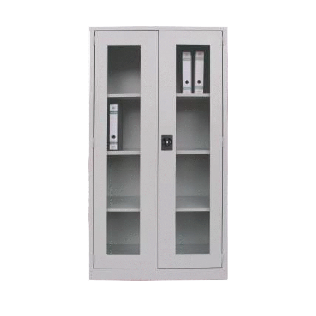 FULL HEIGHT SWINGING GLASS DOOR STEEL CUPBOARD WITH 3 SHELVES