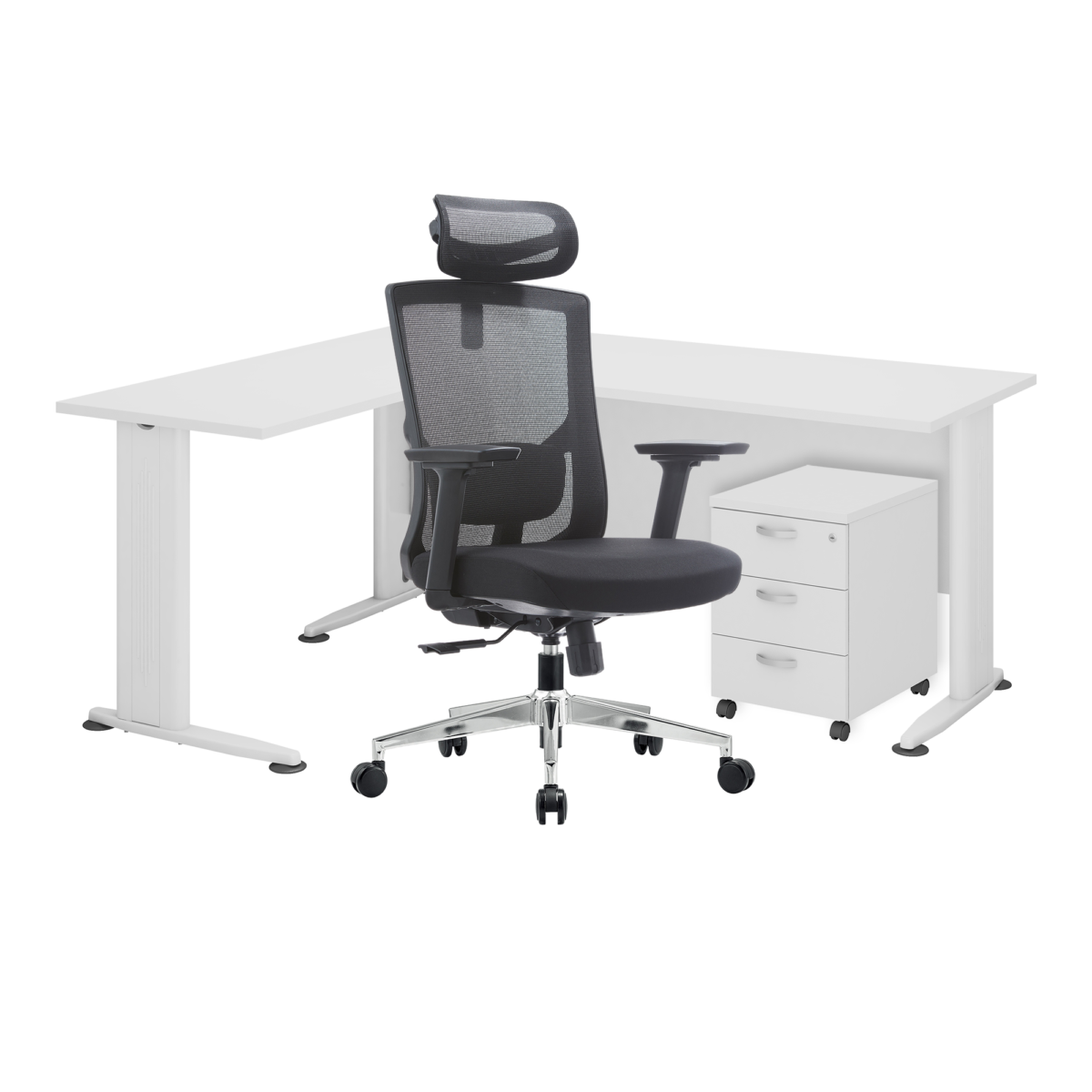 H SERIES 5FT L SHAPE TABLE WITH PEDESTAL & HIGH BACK MESH CHAIR SET PROMOTION