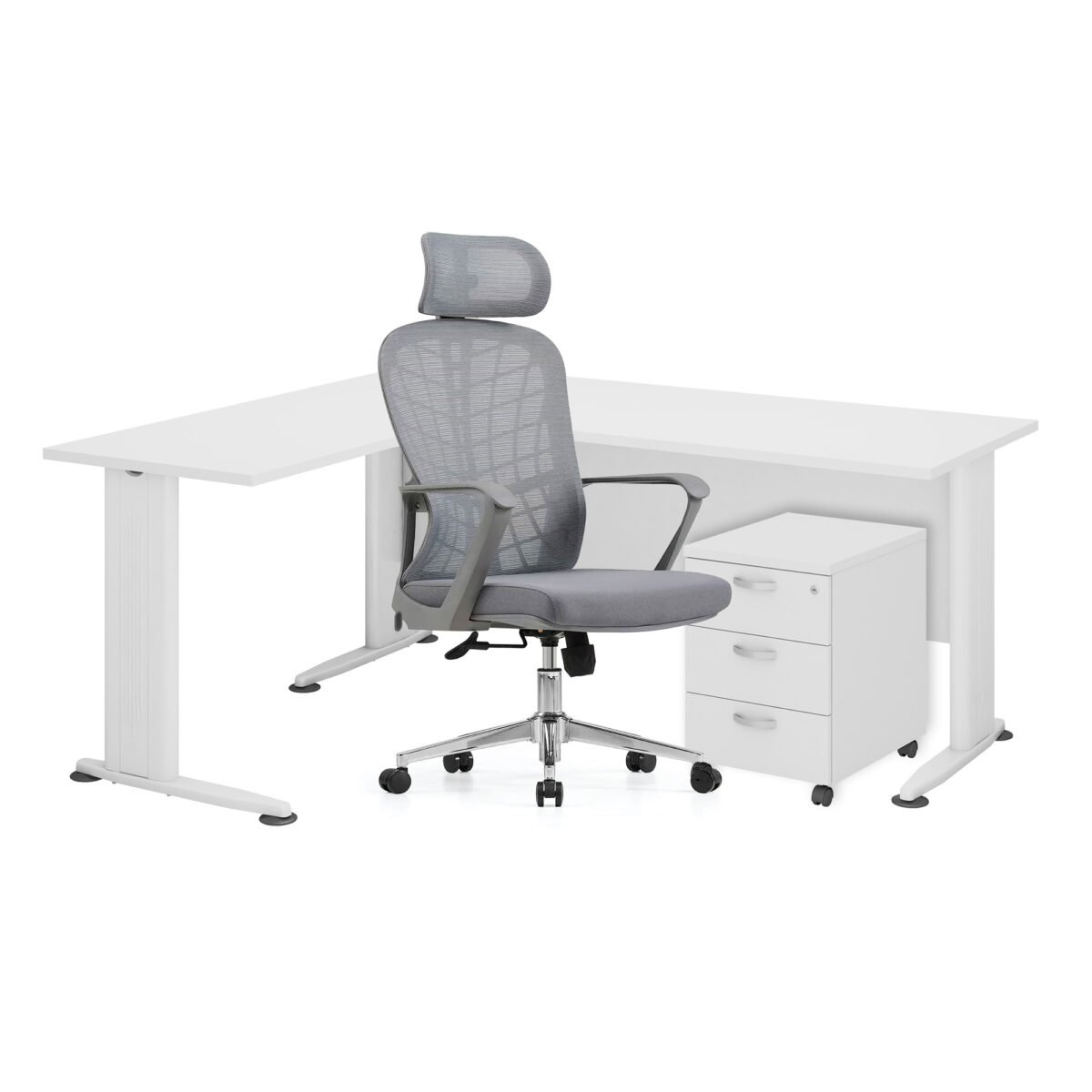 H SERIES 5FT L SHAPE TABLE WITH PEDESTAL & HIGH BACK MESH CHAIR SET PROMOTION